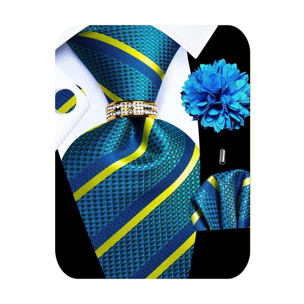 7445 5PCS Silk Teal Striped Tie, Pocket Square, Cufflinks, Drilled Tie Ring